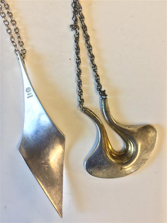 Georg Jensen silver pendant on chain, of twisted lozenge form & a  Mexican Tane abstract pendant